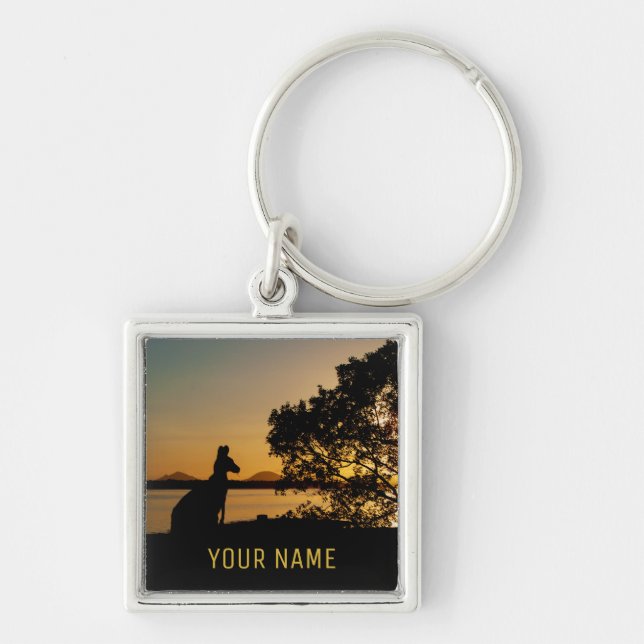 Black & Gold Sunset Kangaroo Tree Australia Keychain (Front)