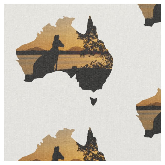 Black & Gold Sunset Kangaroo Tree Silhouette Fabric (Close Up)
