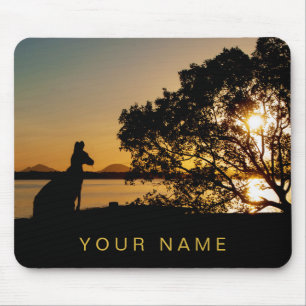 Black & Gold Sunset Kangaroo Tree Silhouette Mouse Pad