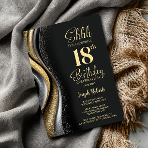 Black Gold Surprise 18th Birthday Party Invitation