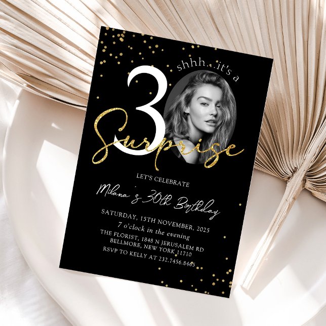 Black Gold Surprise 30e anniversaire Invitation ph (Créateur téléchargé)