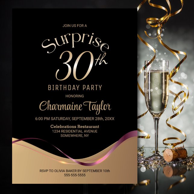 Black Gold Surprise 30th Birthday Party Invitation (Creator Uploaded)