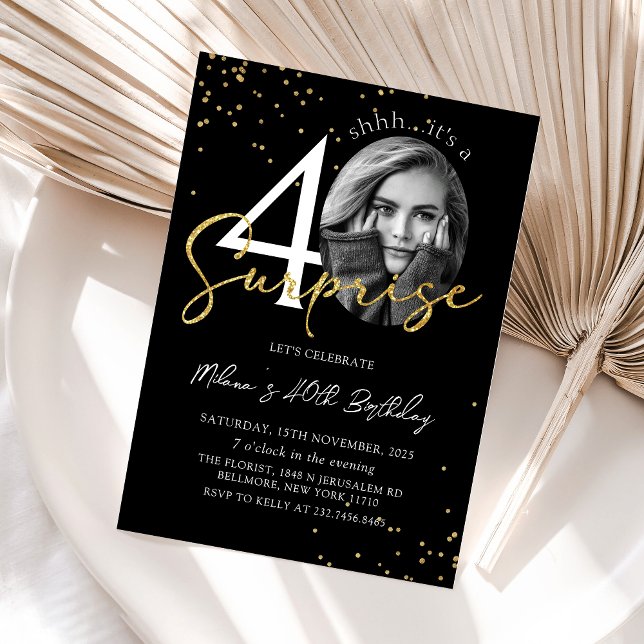 Black Gold Surprise 40e anniversaire Invitation ph (Créateur téléchargé)