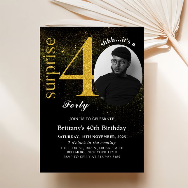 Black Gold Surprise 40th Birthday Photo Invitation (Creator Uploaded)