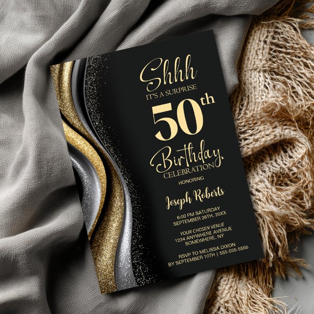 Black Gold Surprise 50th Birthday Party Invitation (Creator Uploaded)