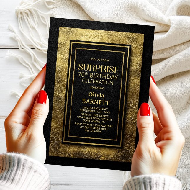 Black Gold Surprise 70th Birthday Party Invitation (Creator Uploaded)