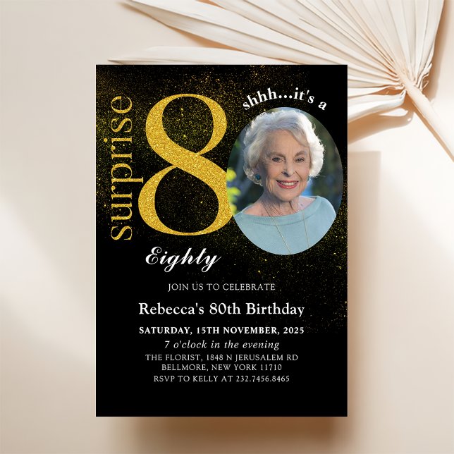 Black Gold Surprise 80th Birthday Photo Invitation (Creator Uploaded)