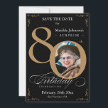 Black Gold Surprise 80th Birthday Save The Date Invitation<br><div class="desc">Black Gold Surprise 80th Birthday Save The Date Invitation. An elegantly designed special birthday celebration save the date featuring a custom photo of birthday person and script calligraphy with vintage flourish elements. Simple enough to fit a variety of themes and colours!
Need help? Simply contact me!</div>
