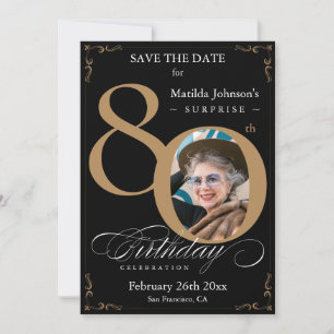 Black Gold Surprise 80th Birthday Save The Date Invitation