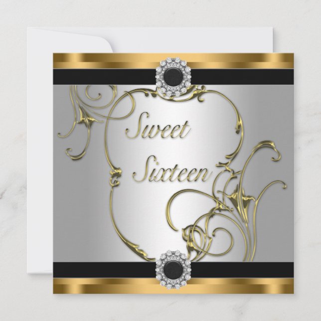 Black Gold Sweet 16 Birthday Party Invitation (Front)
