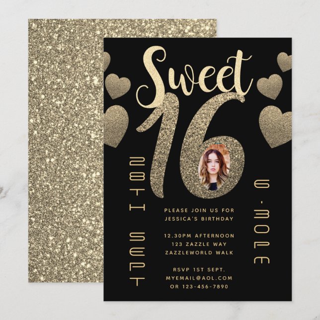 Black Gold Sweet 16 Modern Photo Glitter Invites (Front/Back)