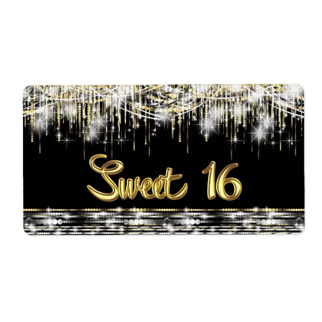 Black Gold Sweet 16 Water Bottle Labels (Front)