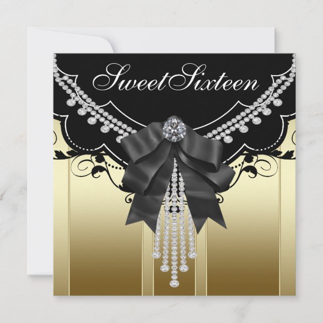 Black Gold Sweet Sixteen Party Invitations (Front)