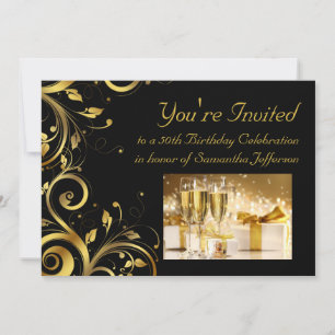 Black & Gold Swirl 5x7 Custom 50th Birthday Party Invitation