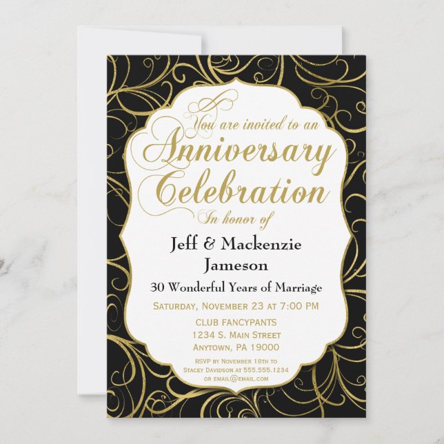 Black Gold Swirl Anniversary Invitation Elegant (Front)