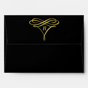 Black Gold Swirl Ornate Monogram Envelopes