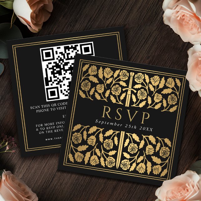 Black Gold Sword Royal Wedding RSVP QR Code  Enclosure Card (Creator Uploaded)