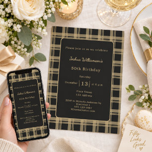 Black Gold Tartan Plaid Birthdfay Invitation