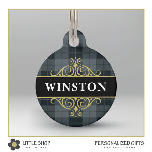 Black Gold Tartan Plaid Customized Pet Tag