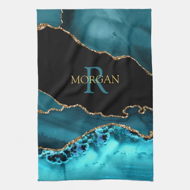 Black Gold & Teal Agate, DIY Monogram & Gold Name Kitchen Towel (Vertical)
