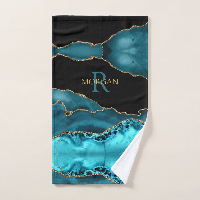 Black Gold & Teal Agate, Monogram & Gold Name Bath Towel Set (Hand Towel)