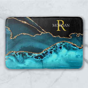 Black Gold & Teal Agate, Monogram & Name Bath Mat