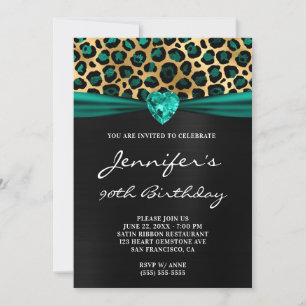 Black Gold Teal Green Leopard Foil 90th Birthday Invitation