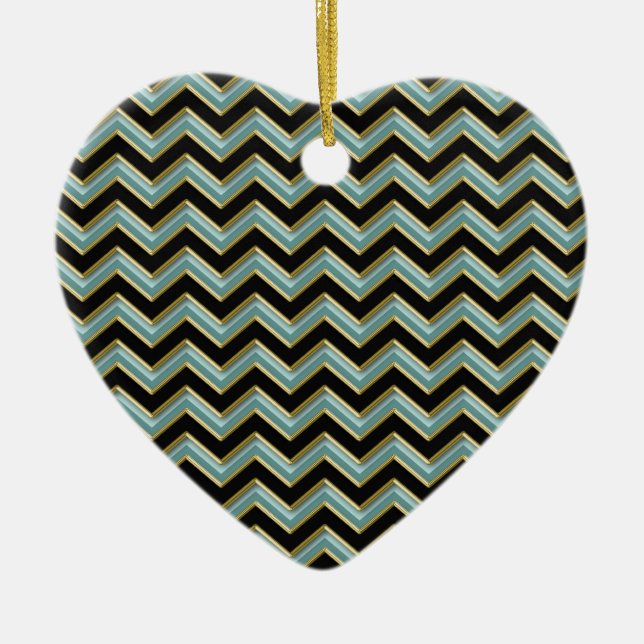 Black Gold Teal ZigZag Ceramic Ornament (Front)