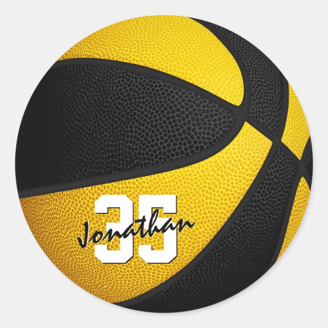 black gold team colours boys girls basketball classic round sticker (Front)