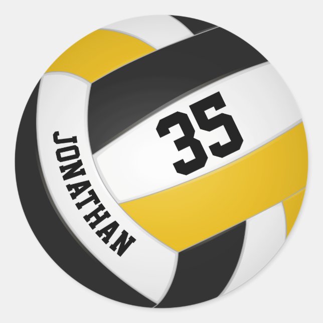 black gold team colours boys girls volleyball classic round sticker (Front)