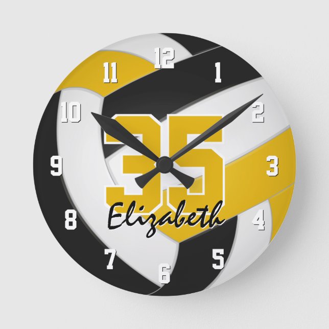 black gold team colours personalized volleyball round clock (Front)