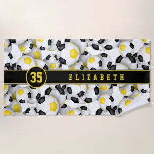 Black gold team colours soccer balls pattern kids beach towel