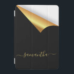 Black gold tear away modern elegant monogram iPad mini cover<br><div class="desc">Elegant, fun and modern in black, faux gold metal and white. With an illusion of tear-away effect. Personalize and add your name. The name is written with a modern hand lettered style script. Golden letters. To keep the swashes only delete the sample name, leave the spaces or emoji's in front...</div>