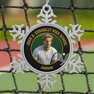 Black Gold Tennis Player Photo High School Snowflake Pewter Christmas Ornament