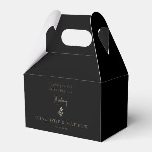 Black Gold Text Foliage Personalized Names Wedding Favor Box