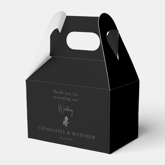 Black Gold Text Foliage Personalized Names Wedding Favor Box (Front Side)