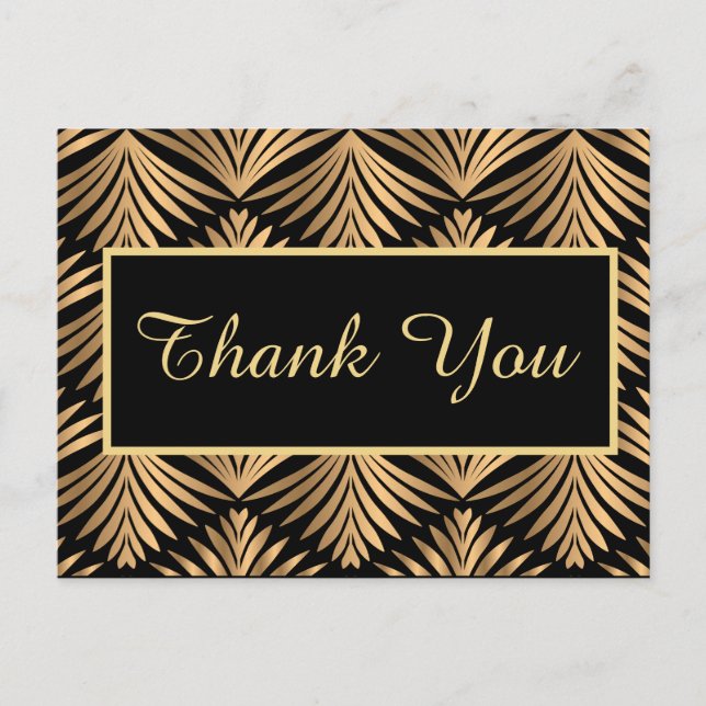 Black Gold Thank You Gatsby Black Art Deco Wedding Postcard (Front)