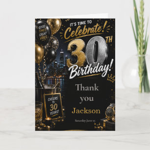 Black Gold Thirtieth Birthday Party Thank You Card