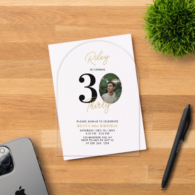 Black & Gold Thirty 30th Birthday Party Photo Acrylic Invitations (Insitu (Invitation Card))