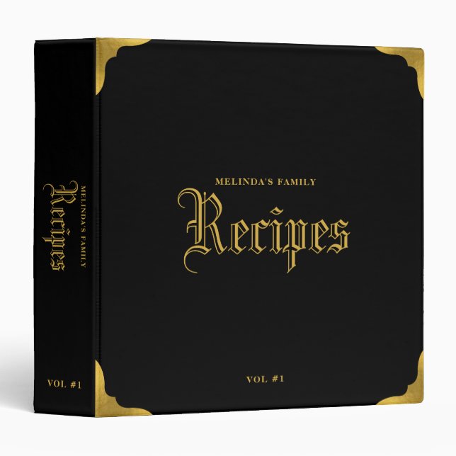 Black & Gold Traditional Family Recipe Cookbook Binder (Front/Spine)