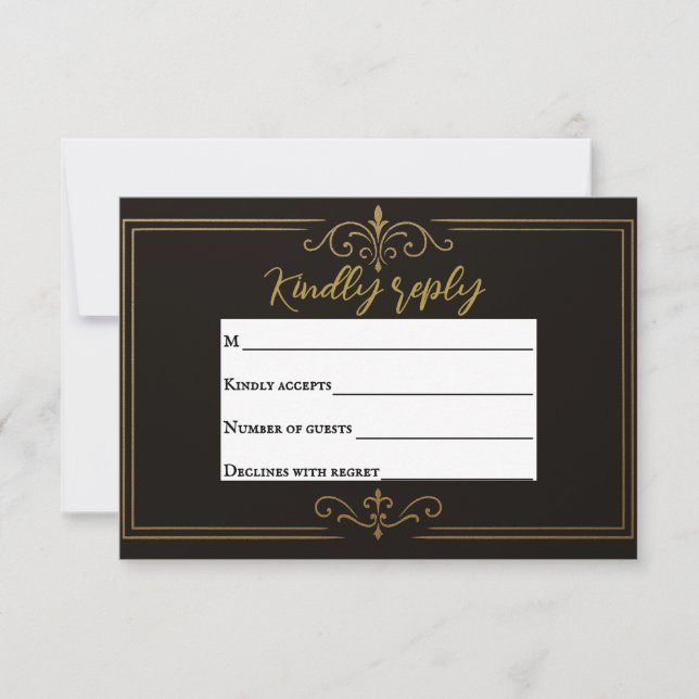 Black Gold Traditional Wedding RSVP Card (Front)