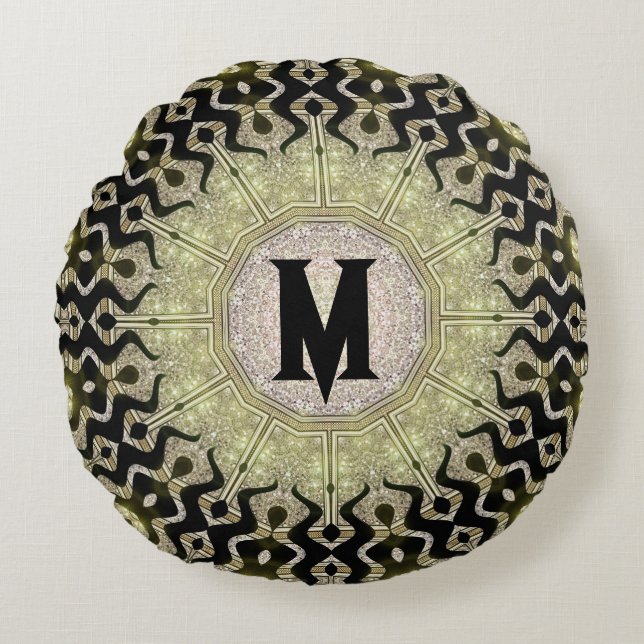 Black Gold Tribal Glam Custom Name Monogram Round Pillow (Front)