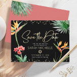 Black Gold Tropical Bat Mitzvah Floral Palm Modern Save The Date<br><div class="desc">Make sure all your friends and relatives will be able to celebrate your daughter’s milestone Bat Mitzvah! Send out this chic, personalized “Save the Date” announcement card. Stunning, colourful, tropical watercolor birds of paradise flowers, faux gold handwritten script, Star of David and glitter dots, along with modern sans serif type,...</div>