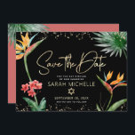 Black Gold Tropical Bat Mitzvah Floral Palm Modern Save The Date<br><div class="desc">Make sure all your friends and relatives will be able to celebrate your daughter’s milestone Bat Mitzvah! Send out this chic, personalized “Save the Date” announcement card. Stunning, colourful, tropical watercolor birds of paradise flowers, faux gold handwritten script, Star of David and glitter dots, along with modern sans serif type,...</div>