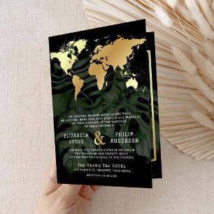 Black Gold Tropical Destination World Map Wedding Invitation