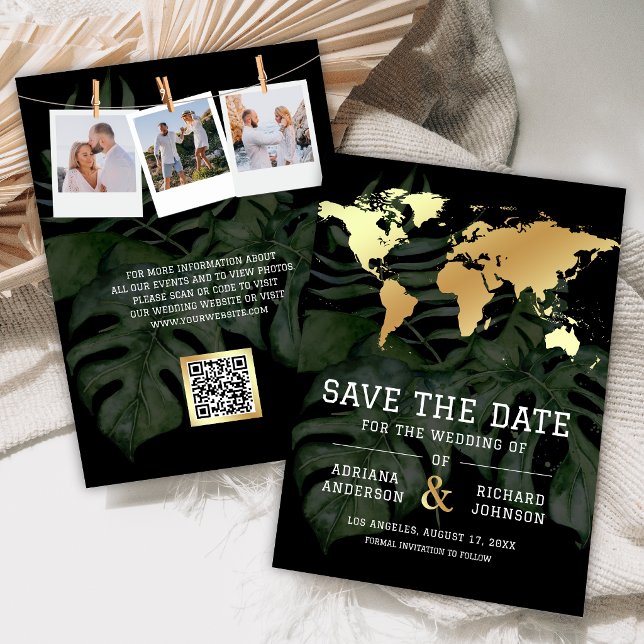 Black Gold Tropical Destination World Map Wedding Save The Date (Creator Uploaded)