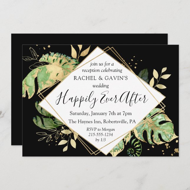 Black & Gold Tropical Elopement Wedding Reception Invitation (Front/Back)