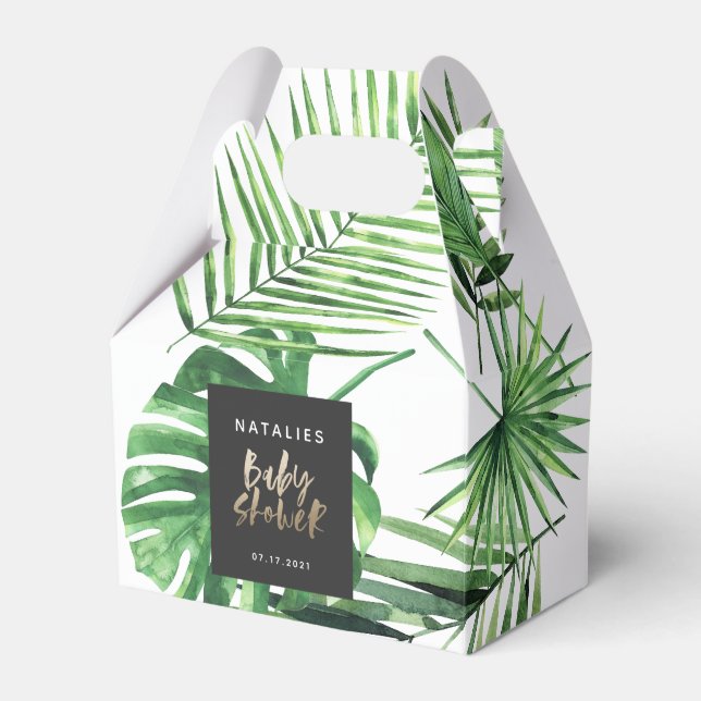 Black gold tropical foliage modern baby shower  favor box (Front Side)