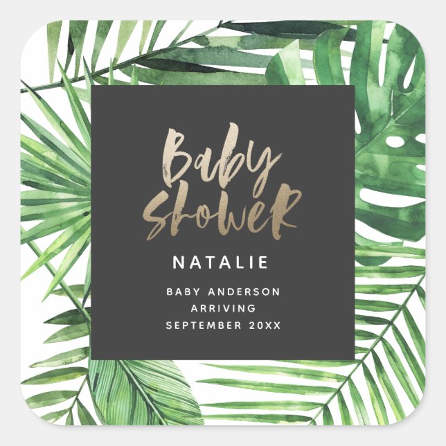 Black gold tropical foliage modern baby shower square sticker (Front)