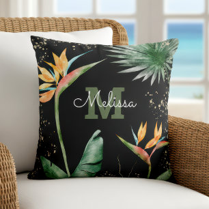 Black Gold Tropical Island Floral Monogram Script Throw Pillow